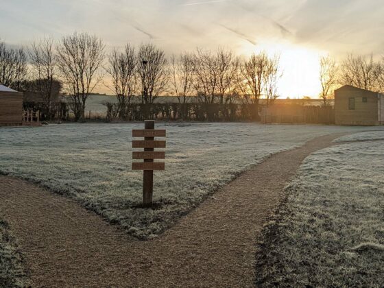 Frosty morning with paths and signposts
