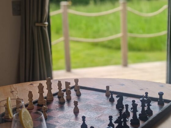 Enjoying a game of chess in a cabin at the meadows at polehanger luxury glamping site