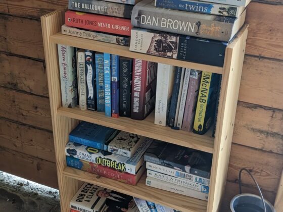 Bookshelf with books ready for a digital detox weekend at the cabins at Polehanger Farm, Bedfordshire