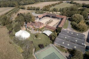 Aerial view of Polehanger Farm ready for an Open Day, Shefford, Bedfordshire